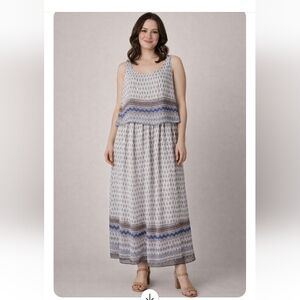 Robert Louis Boho Print Maxi Dress Size M Blue White Tiered Overlay